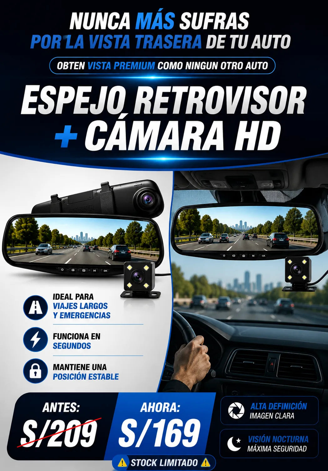 ESPEJO RETROVISOR + CAMARA HD